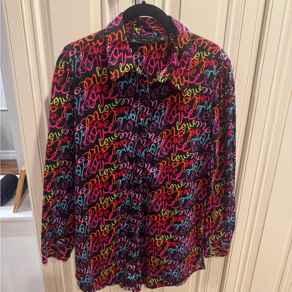 NY & Co Love script black collared shirt-med-Valentines Day- New York & Company